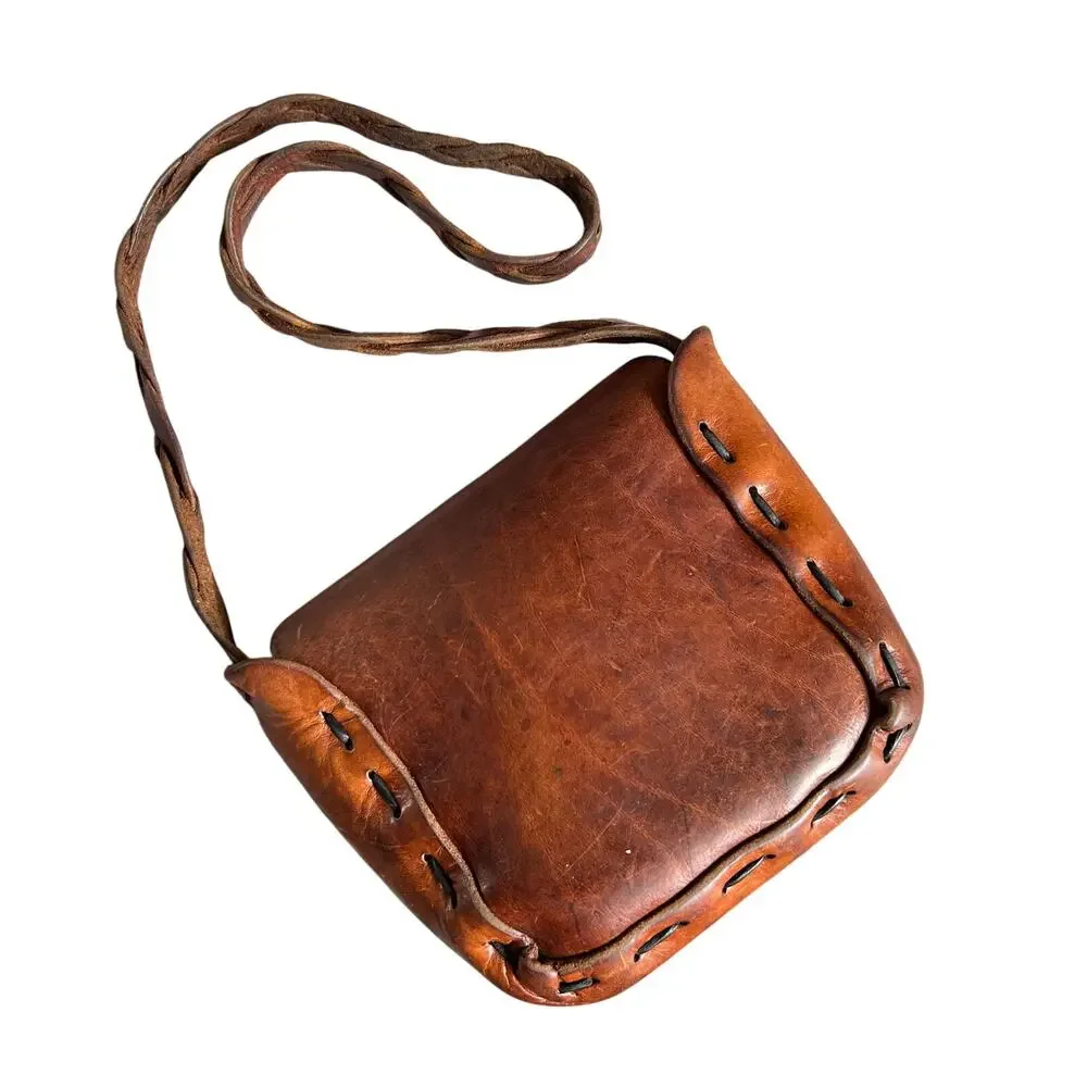 Vintage Brown Leather Shoulder Bag Braided Strap Boho Hippie